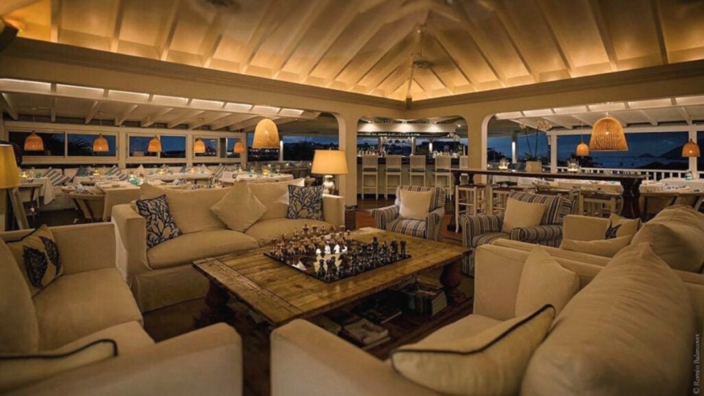 Comfy couches inside restaurant in St. Barts