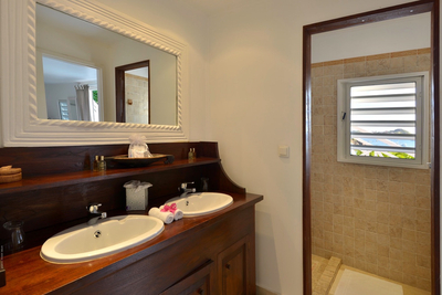 Habitation Saint Louis | Bedroom 4 en-suite bath with shower and hair dryer.